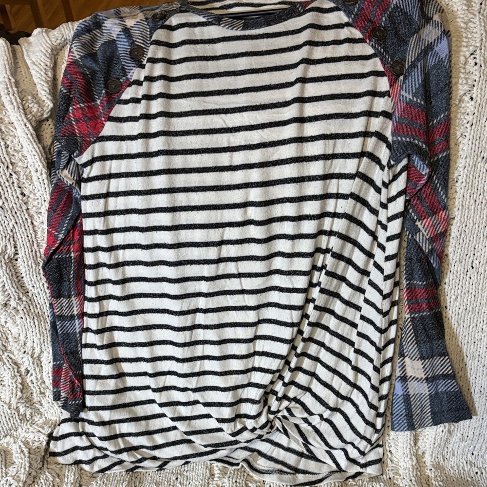 Maurices Striped and Plaid Cowl Neck Sweater - Black, White, Red, Blue